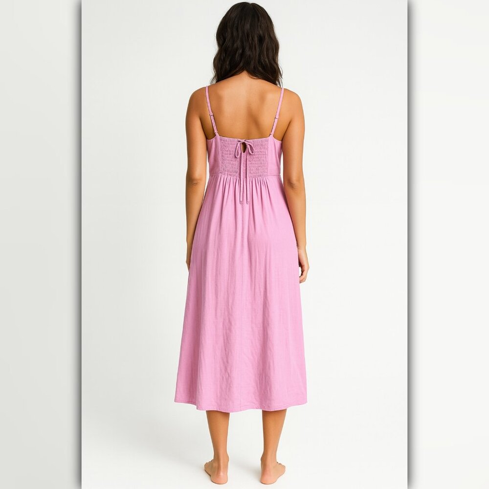 🆂🅰🅻🅴 A395 ✽ Pink Linen Blend Smocked Midi Sundress - Picture 2 of 4